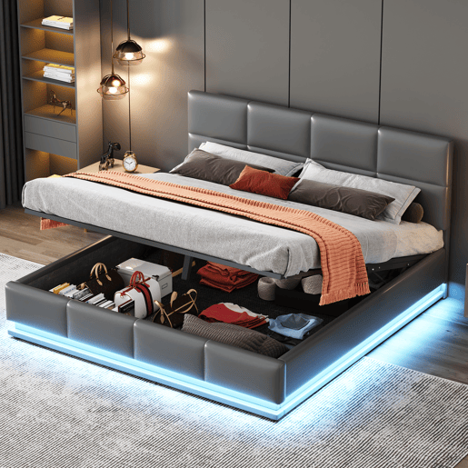 Cama de contentor 160x200cm em imitação de pele com LED + estrado + cabeceira regulável - Cinzento