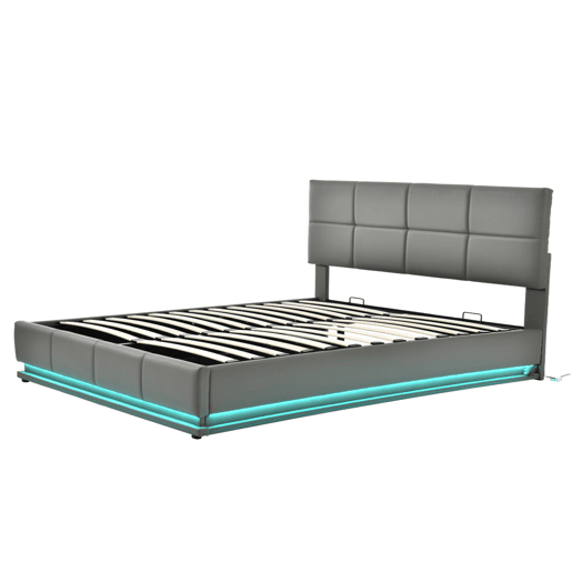 Cama de contentor 160x200cm em imitação de pele com LED + estrado + cabeceira regulável - Cinzento