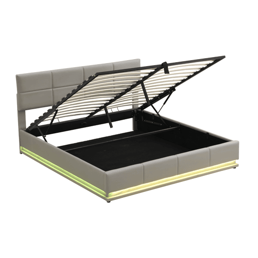 Cama contentora estofada 180x200 cm com iluminação LED - em imitação de pele - Cinzento claro