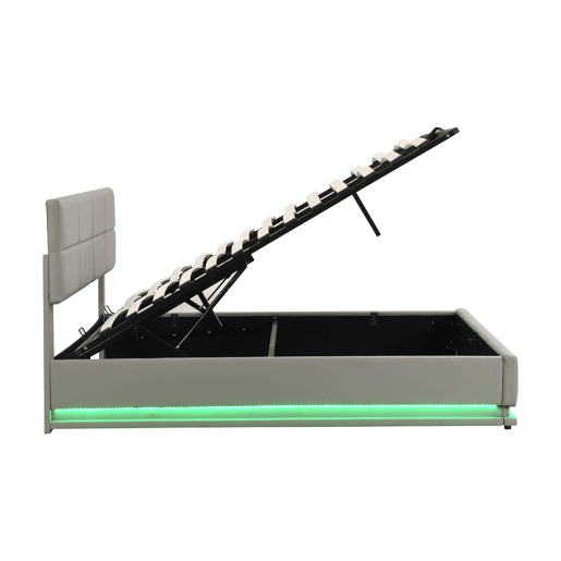 Cama contentora estofada 180x200 cm com iluminação LED - em imitação de pele - Cinzento claro
