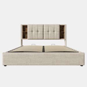 Sofá-cama estofado 140x200 cm - com carregamento sem fios e cabeceira para arrumação - tecido de linho - Bege