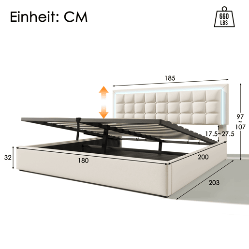 Cama contentora 180x200cm com LED em imitação de pele - com estrado - Branco