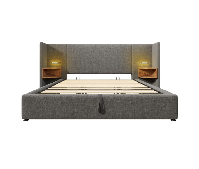 Cama contenedor de lino de 180x200 cm - 2 mesitas de noche con luz de lectura y función de carga - con somier - gris
