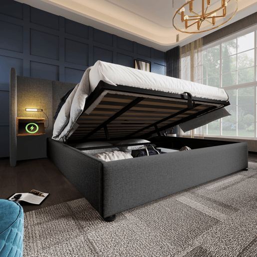 Cama contentora de linho 180x200 cm - 2 mesas de cabeceira com luz de leitura e função de carregamento - com estrado de molas - Cinzento