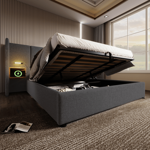 Cama contentora de linho 180x200 cm - 2 mesas de cabeceira com luz de leitura e função de carregamento - com estrado de molas - Cinzento