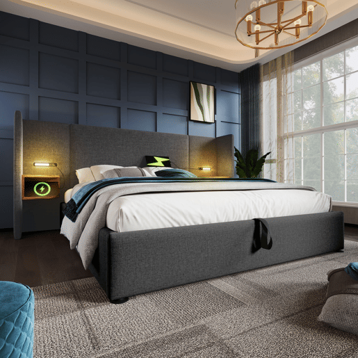 Cama contentora de linho 180x200 cm - 2 mesas de cabeceira com luz de leitura e função de carregamento - com estrado de molas - Cinzento