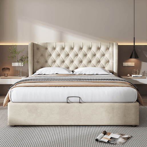 Cama de contentor estofada em veludo 180x200 cm com estrado de ripas - Bege
