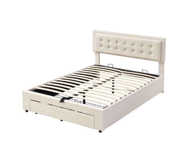 Cama contenedor acolchada 140x200cm en terciopelo - con cajón y somier - beige (sin colchón)