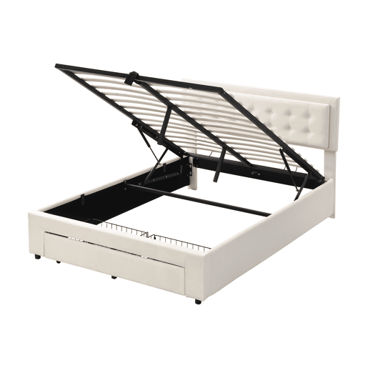Cama contentor estofada em veludo 140x200cm - com gaveta e estrado de molas - Bege (sem colchão)
