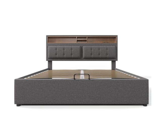 Cama contenedor 140x200 cm en tejido de lino - cabecero ajustable con enchufes - con somier - gris