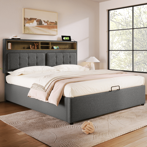 Cama contentora 140x200 cm em tecido de linho - cabeceira regulável com fichas - com estrado de molas - Cinzento