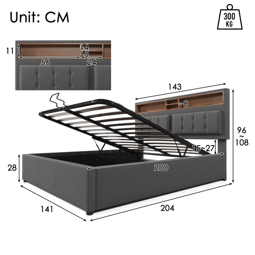 Cama contentora 140x200 cm em tecido de linho - cabeceira regulável com fichas - com estrado de molas - Cinzento