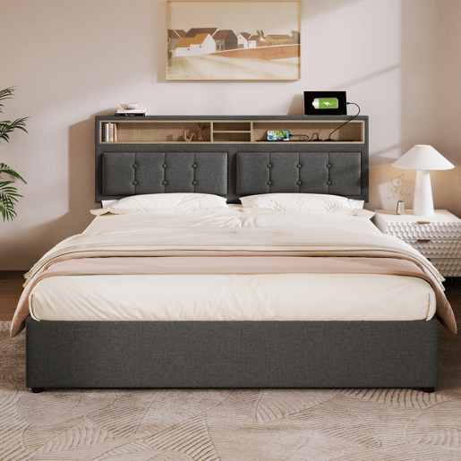 Cama contentora de 160x200 cm em tecido de linho - cabeceira regulável com fichas - com estrado - Cinzento