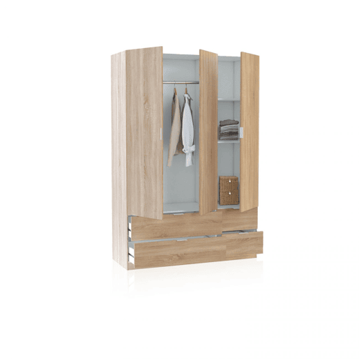 Roupeiro Macan 3 portas e 4 gavetas Carvalho canadiano 135 x 200 x 52 cm
