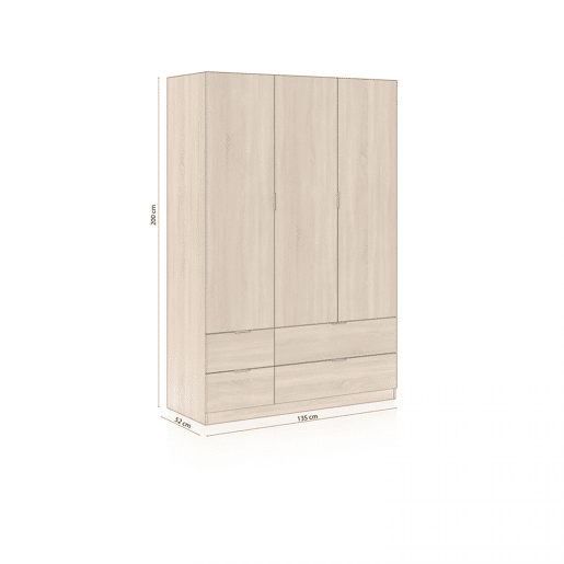 Roupeiro Macan 3 portas e 4 gavetas Carvalho canadiano 135 x 200 x 52 cm