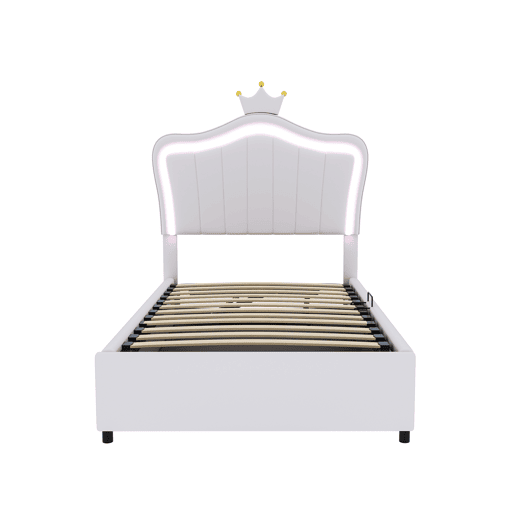 Cama contentora em pele sintética 90x200 cm - com LED e estrado - Branco