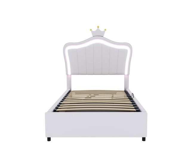 Cama contenedor de piel sintética 90x200 cm - con led y somier - blanco