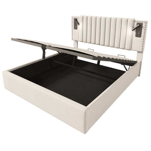 Cama contentora em tecido de algodão 180x200 cm - com luzes de leitura e portas de carregamento USB - com estrado de ripas - Bege