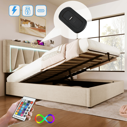 Cama contentora estofada 160x200cm com LED e porta de carregamento USB e Tipo C - Tecido de linho - Estrado de ripas - Bege
