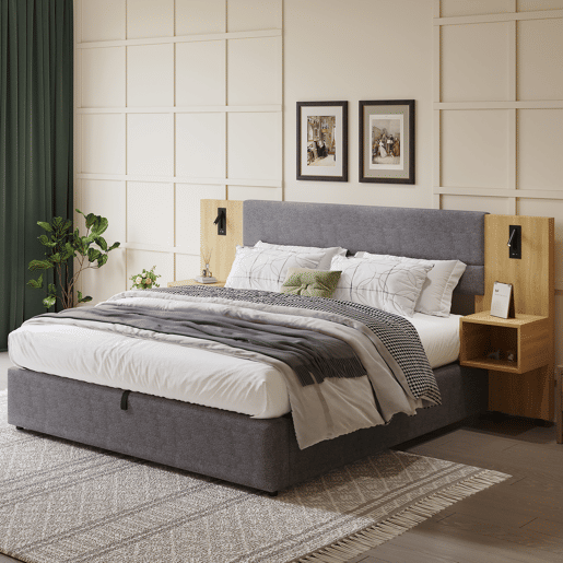 Cama grande para arrumação 180x200 cm estofada em veludo - com porta USB e LED - 2 mesas de cabeceira - Cinzento e Natural
