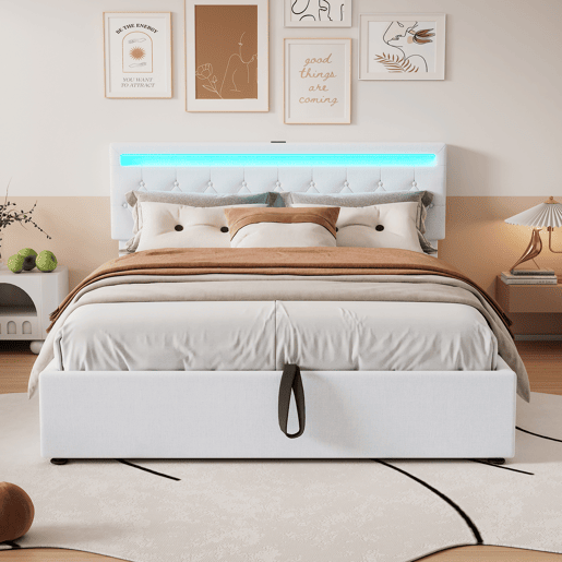 Cama estofada 160x200 cm - com arrumação, luz ambiente, USB e Tipo-C - Branco