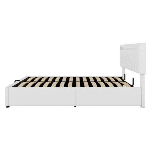 Cama estofada 160x200 cm - com arrumação, luz ambiente, USB e Tipo-C - Branco