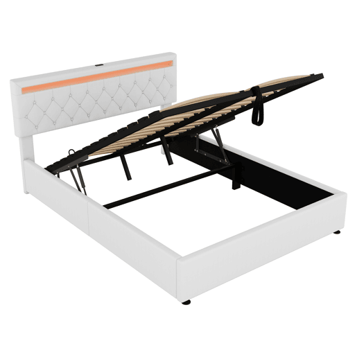 Cama estofada 160x200 cm - com arrumação, luz ambiente, USB e Tipo-C - Branco