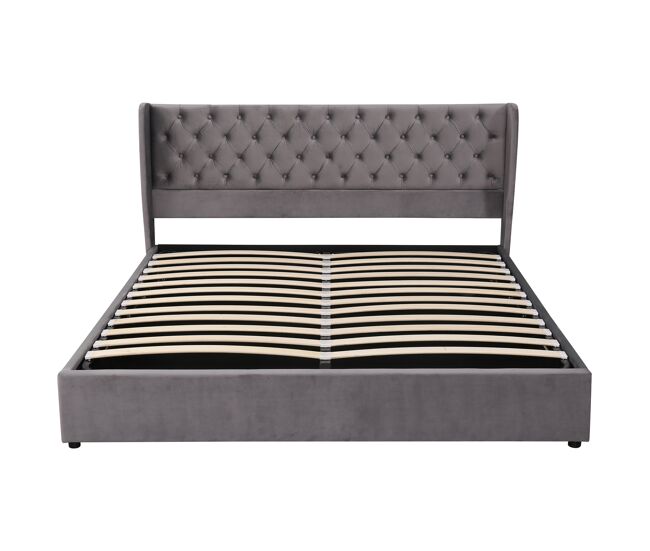 Cama contenedor acolchada de terciopelo 160x200 cm con somier de láminas - gris