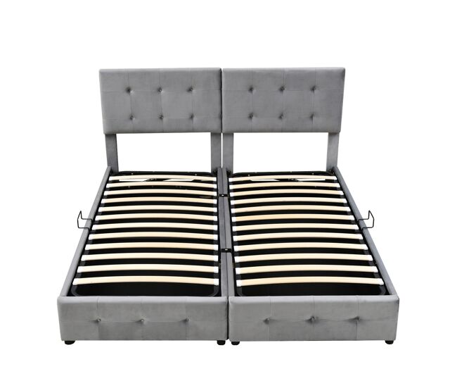 Cama contenedor acolchada 180x200cm en terciopelo - convertible en 2 camas individuales - gris