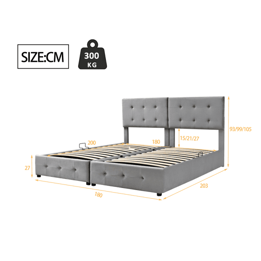 Cama contentor estofada 180x200cm em veludo - convertível em 2 camas individuais - Cinzento