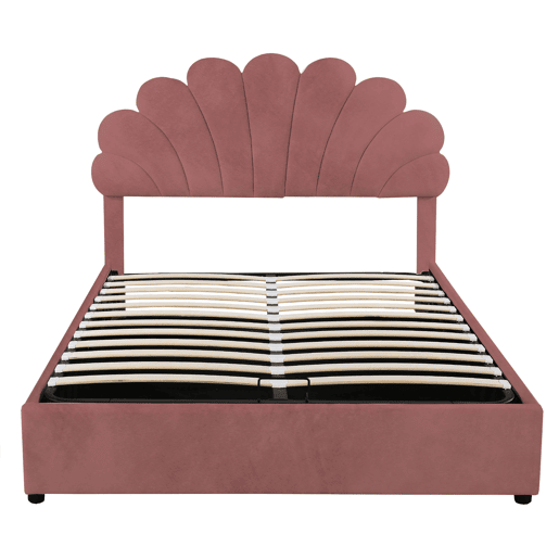 Cama com arrumação estofada em veludo - 140x200 cm - cabeceira em forma de flor - com estrado de ripas - Vermelho