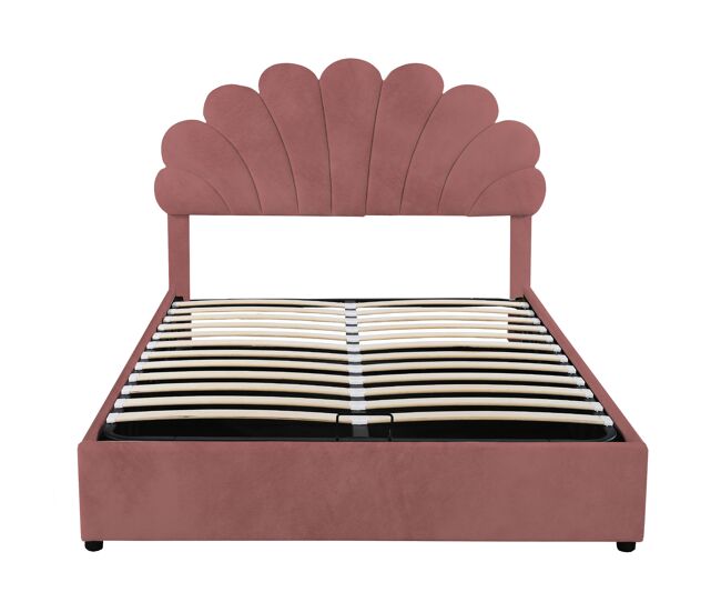 Cama con almacenaje acolchada de terciopelo - 140x200 cm - cabecero en forma de flor - con somier de láminas - rojo
