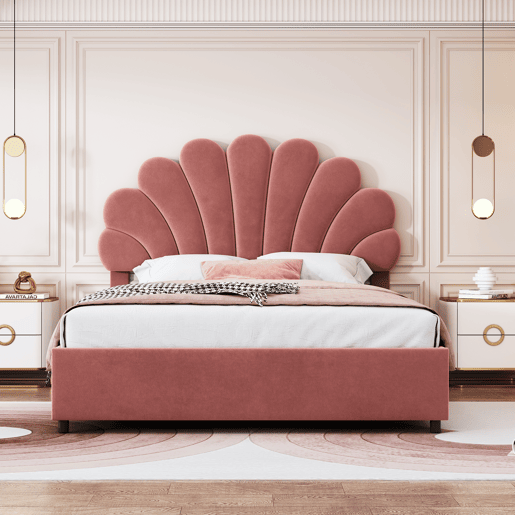 Cama com arrumação estofada em veludo - 140x200 cm - cabeceira em forma de flor - com estrado de ripas - Vermelho