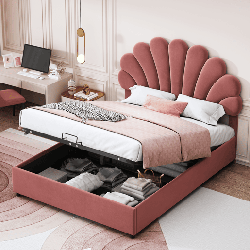 Cama com arrumação estofada em veludo - 140x200 cm - cabeceira em forma de flor - com estrado de ripas - Vermelho