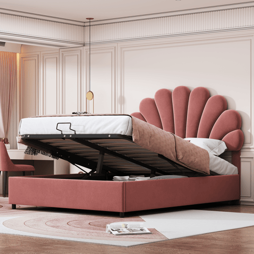 Cama com arrumação estofada em veludo - 140x200 cm - cabeceira em forma de flor - com estrado de ripas - Vermelho