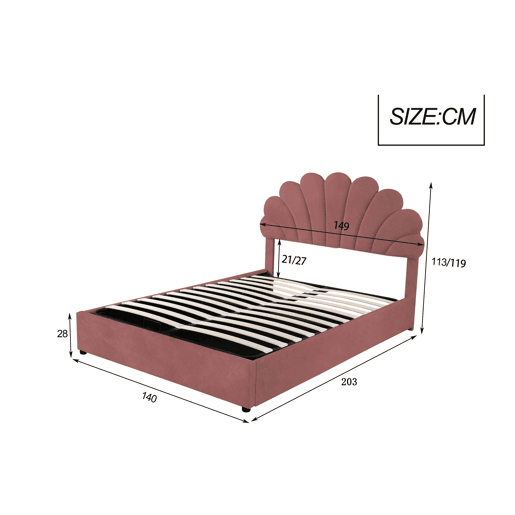 Cama com arrumação estofada em veludo - 140x200 cm - cabeceira em forma de flor - com estrado de ripas - Vermelho