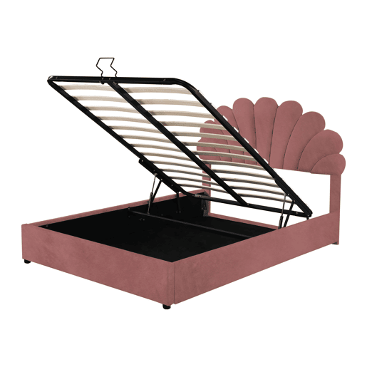 Cama com arrumação estofada em veludo - 140x200 cm - cabeceira em forma de flor - com estrado de ripas - Vermelho