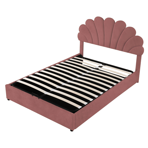 Cama com arrumação estofada em veludo - 140x200 cm - cabeceira em forma de flor - com estrado de ripas - Vermelho