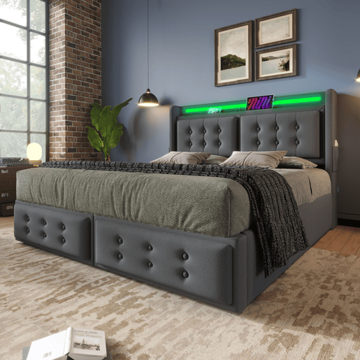 Cama de arrumação em tecido de linho 140x200 cm - com LED e portas de carregamento - Cinzento