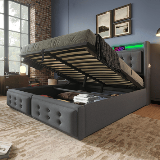 Cama de arrumação em tecido de linho 140x200 cm - com LED e portas de carregamento - Cinzento