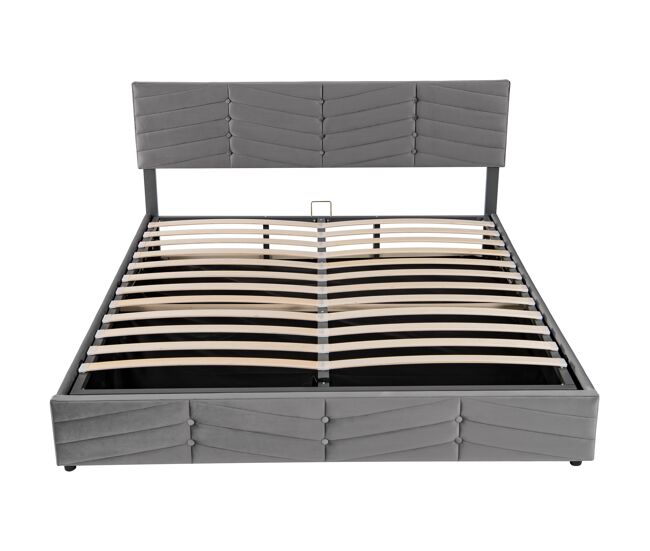Cama contenedor de terciopelo con somier de láminas + cabecero ajustable - 160x200cm - gris