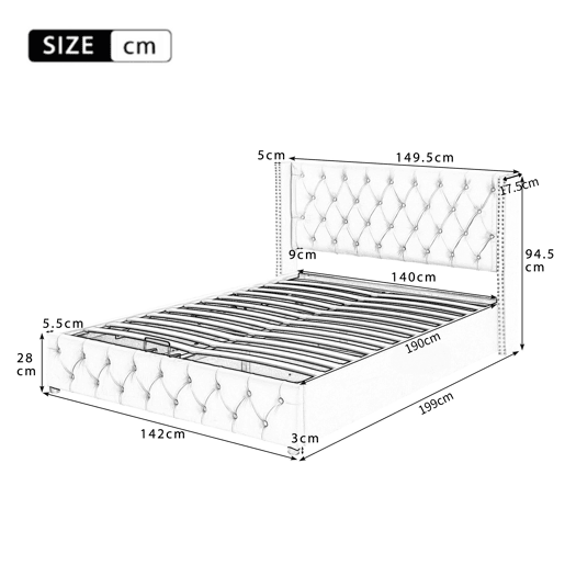 Cama de arrumação em veludo com base de ripas 140x190 cm - bege