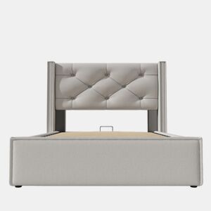 Cama contentora estofada 90x200 cm em tecido de algodão - com estrado de molas - Cinzento claro