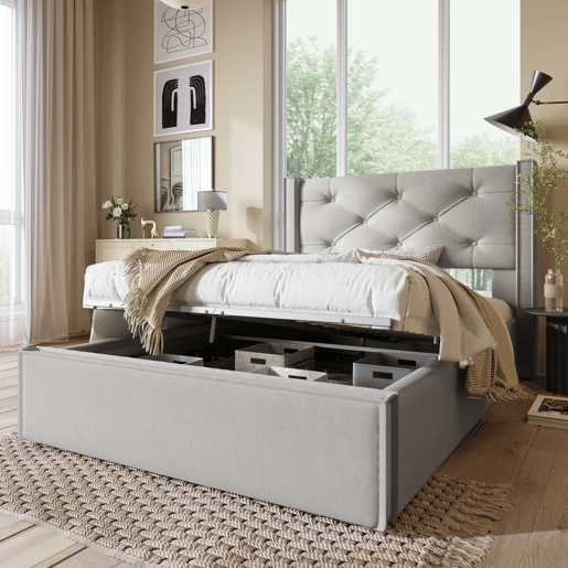 Cama contentora estofada 90x200 cm em tecido de algodão - com estrado de molas - Cinzento claro