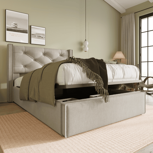 Cama contentora estofada 90x200 cm em tecido de algodão - com estrado de molas - Cinzento claro