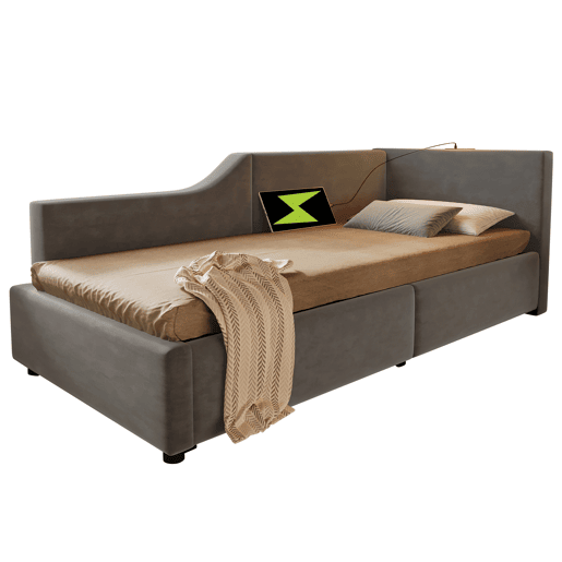 Cama para contentores 90x190cm - Sofá-cama de veludo - com luz de leitura e portas de carregamento - com base de ripas - Cinzento