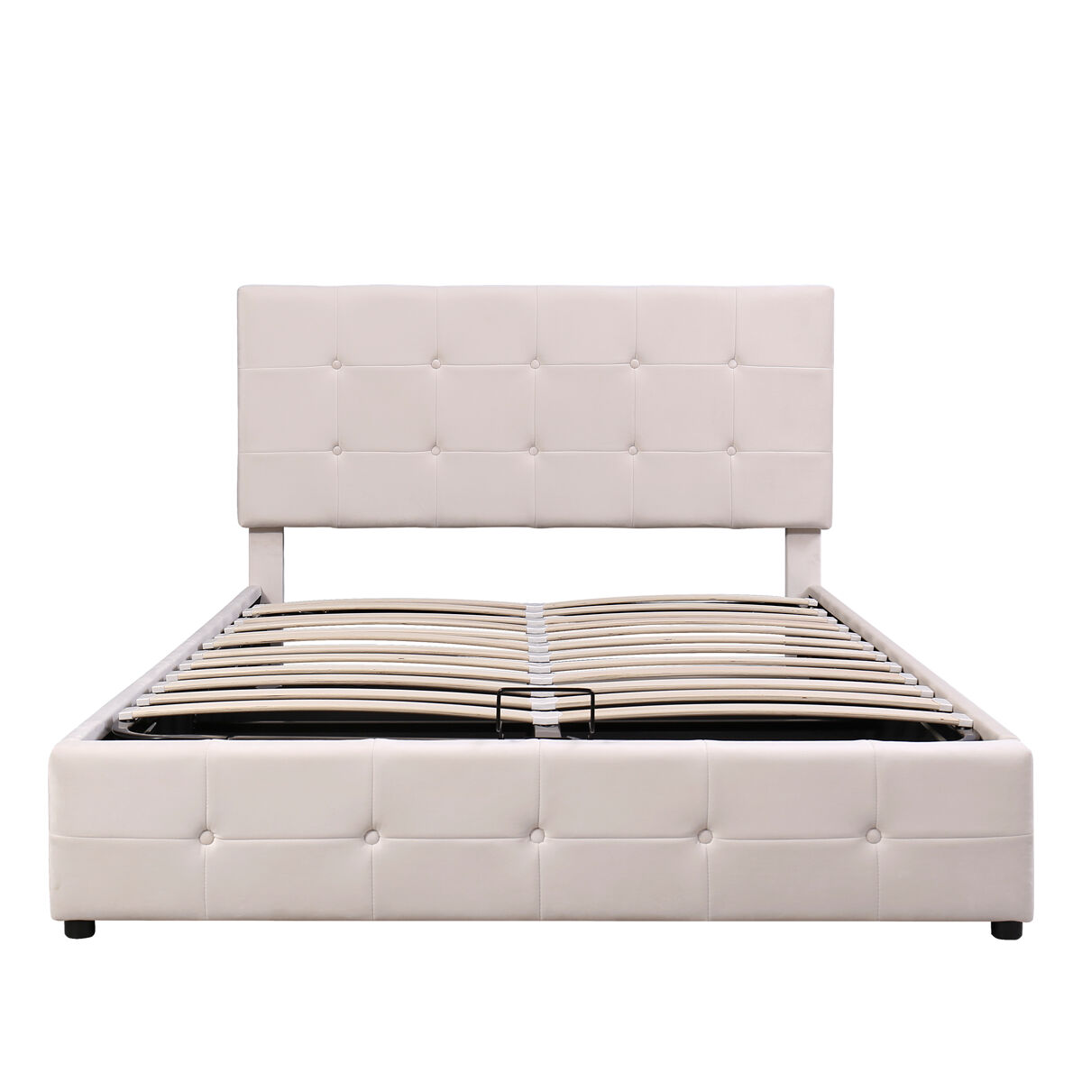 Cama con almacenaje tapizada - 140x200cm - tela de terciopelo - cabecero ajustable con diseño de bloques - crema