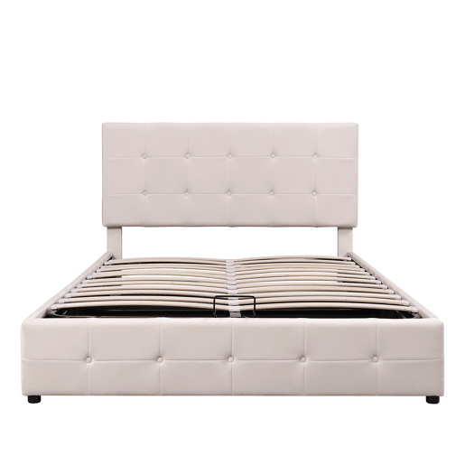 Cama estofada com arrumação - 140x200cm - tecido aveludado - cabeceira regulável com desenho de blocos - Creme