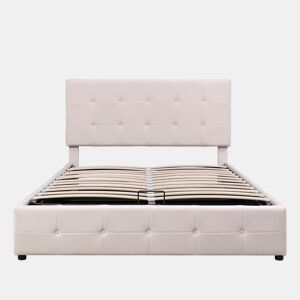 Cama estofada com arrumação - 140x200cm - tecido aveludado - cabeceira regulável com desenho de blocos - Creme