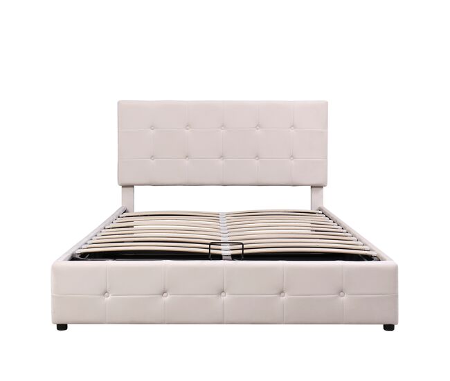 Cama con almacenaje tapizada - 140x200cm - tela de terciopelo - cabecero ajustable con diseño de bloques - crema